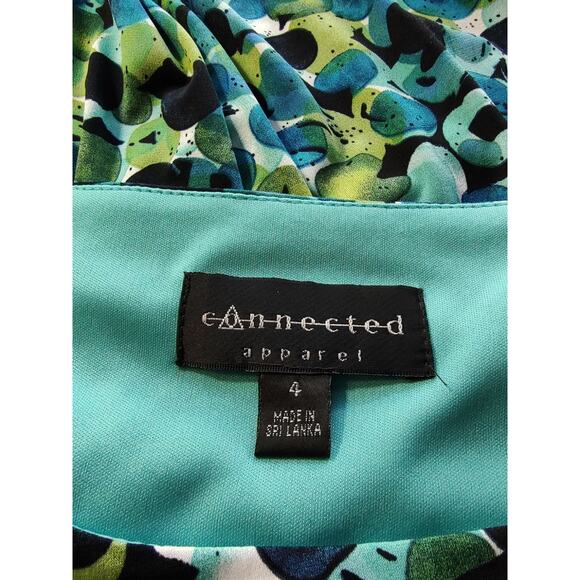 Connected Apparel Woman's Blue Green Faux Wrap Dress Size 4 Ruched Waist Stretch - Picture 7 of 8